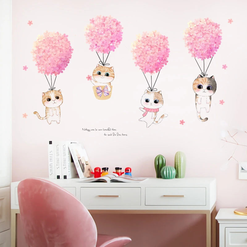 Pink Flower Cute Cats Wall Stickers For Kids Rooms Girl Bedroom Home Wardrobe Wall Decor Self Adhesive Vinyl Sticker Wallpapers