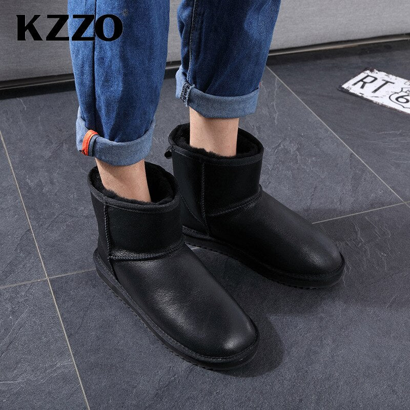 KZZO Australian Classic Waterproof Ankle Men Snow Boots Genuine Leather Natural Wool Lined Winter Warm Non-slip Short Boots 2021