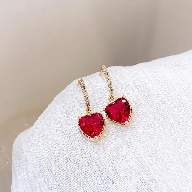 Luxury Elegant Red Heart Shape Zircon Drop Earring For Women Girls Statement Fashion Earring Jewelry Party Engagement Wedding