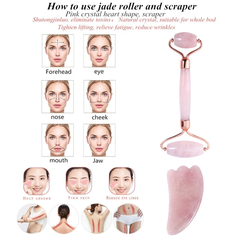 Rose Quartz Roller Massager Tool Natural Stone Facial Massager Jade Roller Microneedle Roller Jade Spatula Skin Care Kit Box