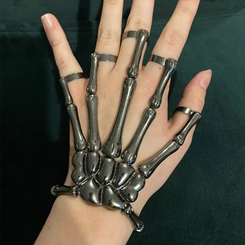 Creative Punk Skeleton Hand Bone Versatile Five Finger Ring Bracelet Adjustable One Chain Bracelet Halloween Bracelet Unisex