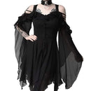 Gothic Witch Vintage Dress Women Sexy Hollow Out Lace Up High Waist Ruffle Trumpet Dress Off Shoulder Gothic Midi Dress Vestidos
