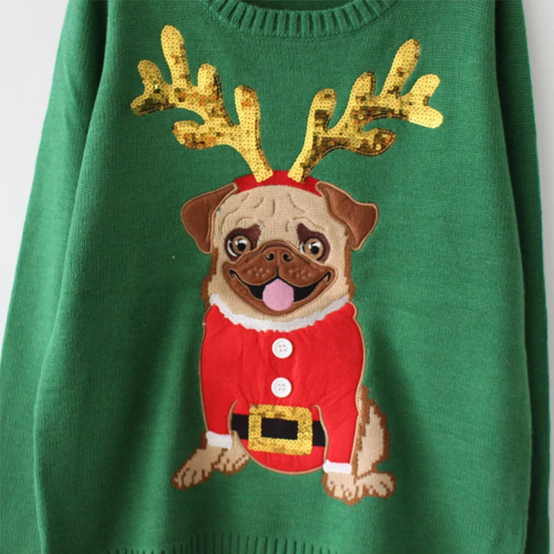 Women Ugly Christmas Sweater Thick Warm Winter Pullovers Loose Pug Dog Embroidery Sequins Full Sleeve Knitted Girl Tops T0N654T