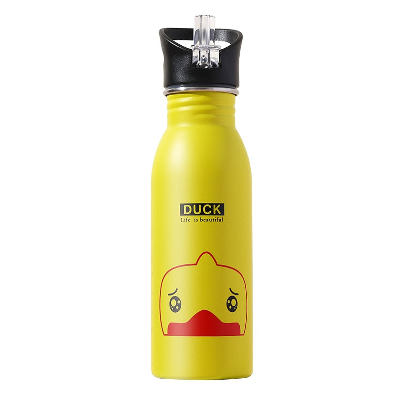 Cute Children Water Bottle Portable Outdoor Stainless Steel Water Bottles Cute Animal Pattern Cup Cold Drink Bottle with Straw