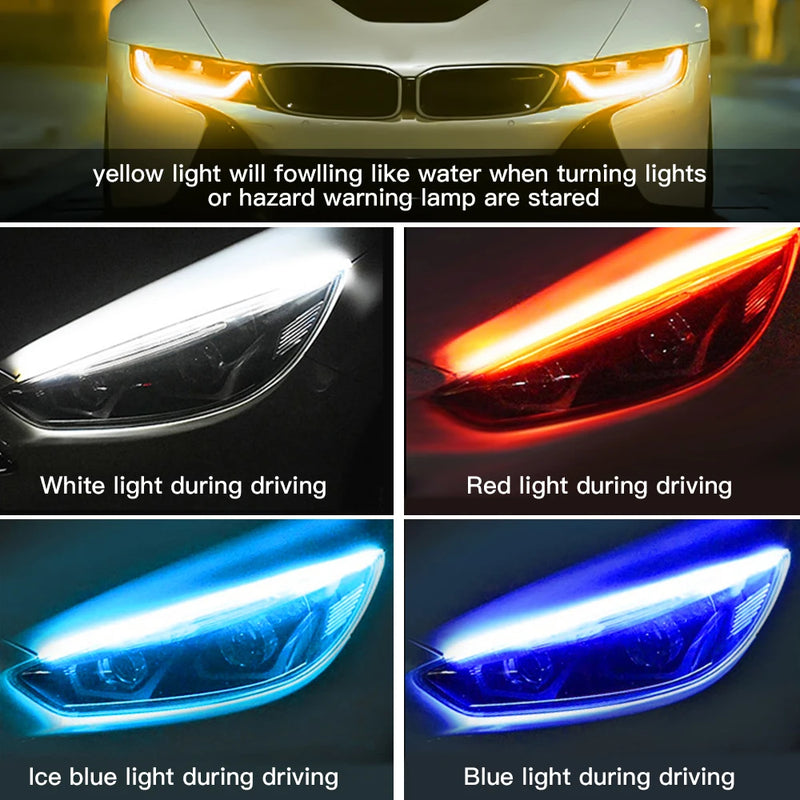 2pcs Led DRL Daytime Running Lights Flexible Car Light Accessories Turn Signal Yellow Brake Side Lights Headlights Strip 12v