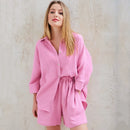 Cotton Pajamas For Women Sets Suit Casual Sleepwear Turn-Down Collar Nine Quarter Sleeve Sleep Tops Shorts Female Homewear 2023