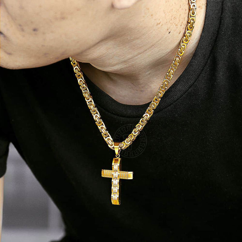 Davieslee Cross Pendant Necklace for Men Stainless Steel Chain Mens Necklaces Paved Clear Rightstones Gold Silver Color LKP353
