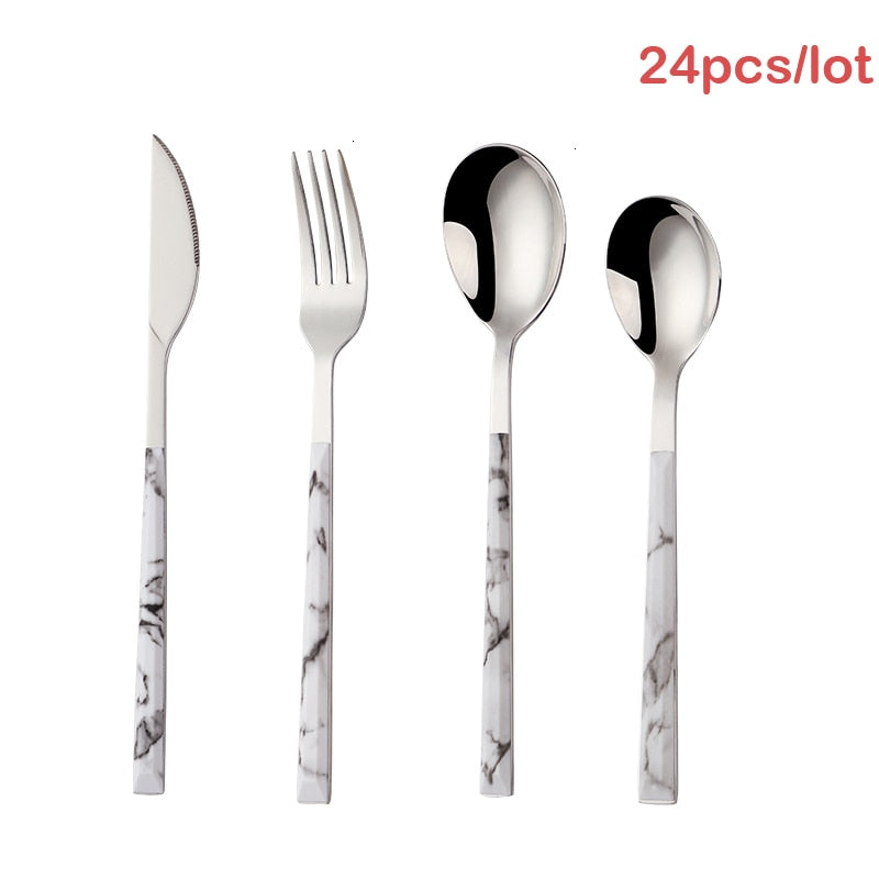 16/20/24Pcs 304 Stainless Steel Dinnerware Sets Glossy Silver Wooden Tableware Western Food Knife Fork Teaspoon Cubiertos