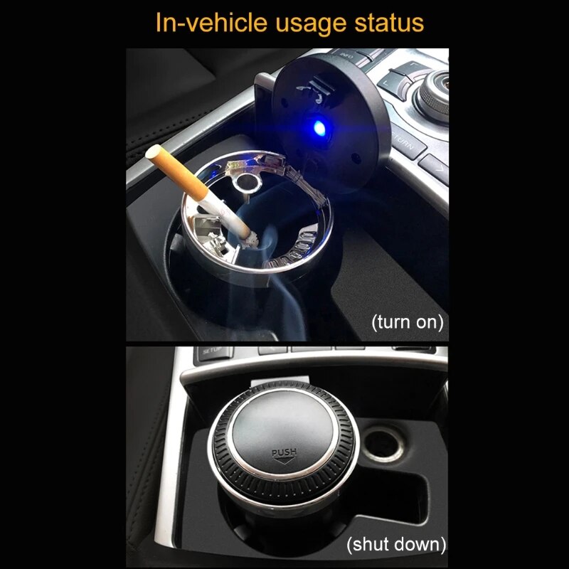 Car Ashtray with LED Light Push Type Auto Vehicle Cigarette Ashtray Holder Decor Q9QD