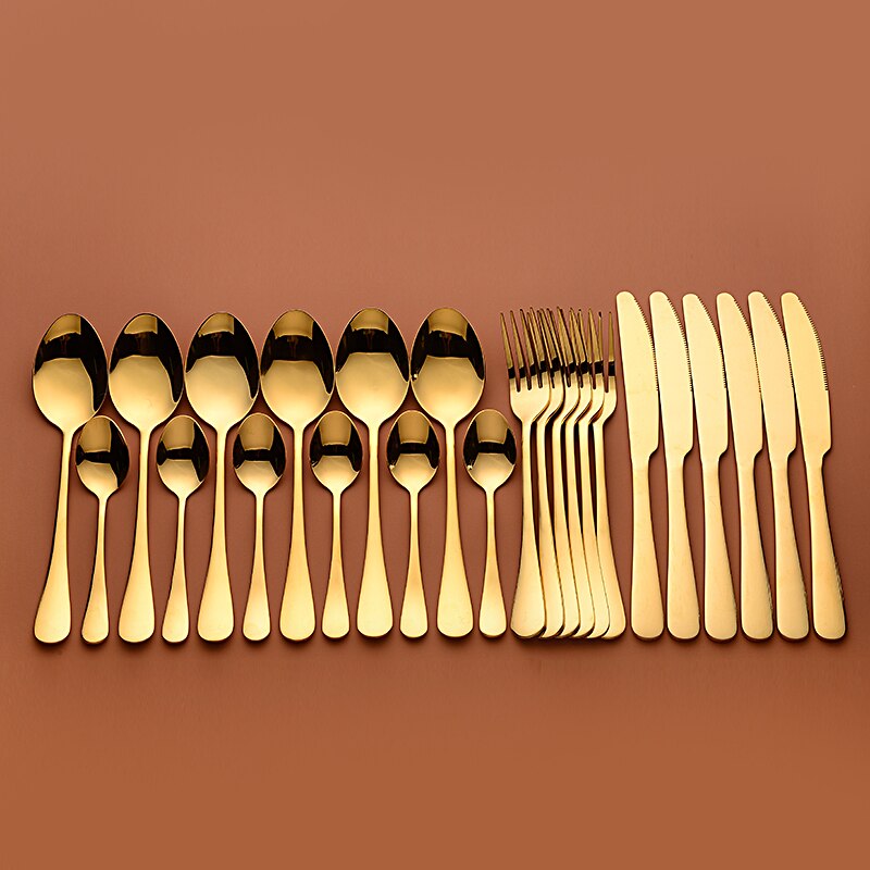 New Tableware Forks Knives Spoons Stainless Steel Golden Cutlery Set Silverware Set Gold 24 Pcs Stainless Steel Cutlery Complete