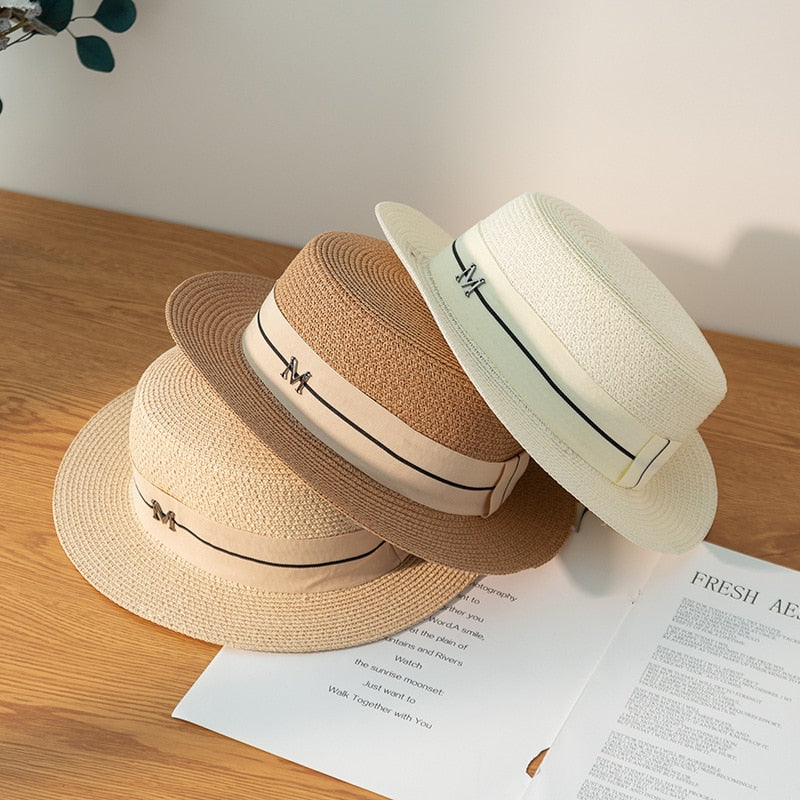 Women Straw Hats Panama Wide Brim Jazz Hat Summer Hat Ladies Sun Hat Simple Flat Top Hat