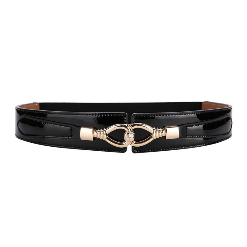 RAINIE SEAN Women Belt Patent Leather Elastic Waist Belt Genuine Leather Gold Black Silver Ladies Stretch Belt Accessories