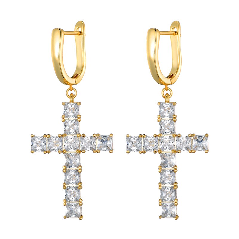 Hip Hop 1Pair Micro Paved Cross Full Bling Iced Out Earring Cubic Zircon Charm Stud Earrings For Men Hip Hop Jewelry