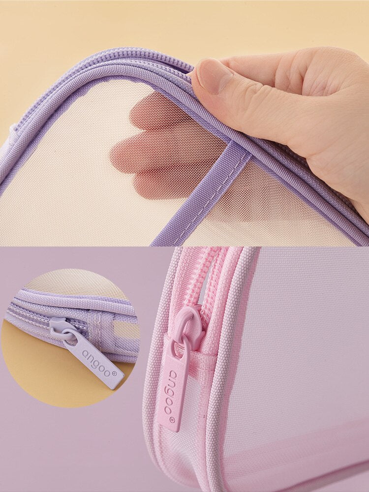 1pcs Angoo Transparent Mesh Pencil Case Pen Bag High Quality Ice Cream Color Storage Pouch Organizer for Stationery School A6452