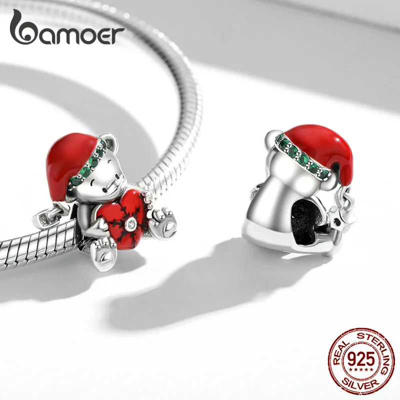 Bamoer 925 Sterling Silver Christmas Stockling Charms Candy Canes Love Pendant Fit for Women Bracelet & Bangle Christmas Gift