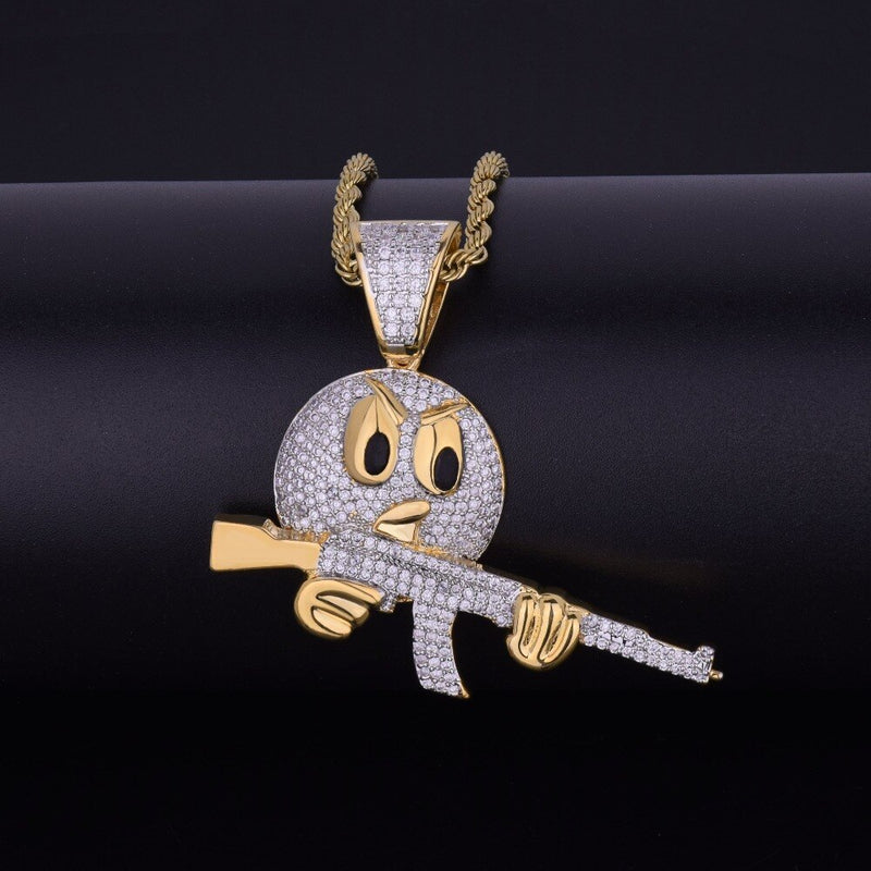 Cartoon Round Face With Gun Necklace &amp; Pendant Gold Color Cubic Zircon Men&