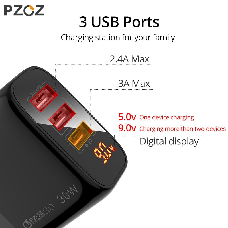 PZOZ USB Type C Charger 30W Fast Charging QC 3.0 PD 20W Quick Charge LED Display For iPhone 14 13 12 Pro Max Plus Samsung Xiaomi