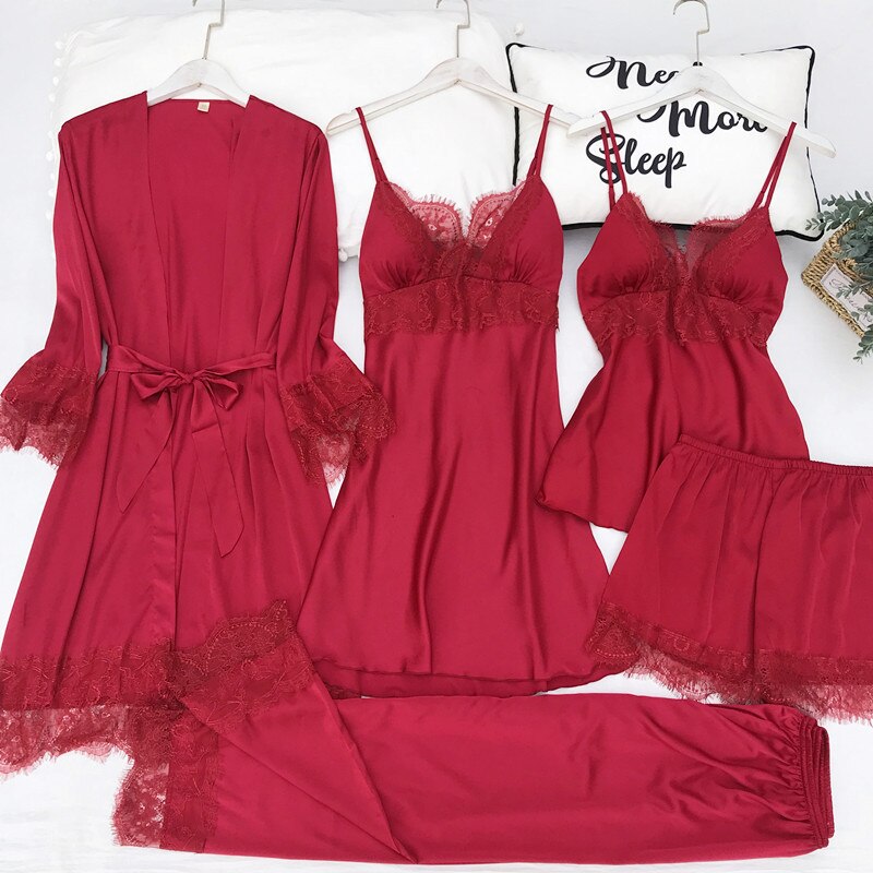 Pajamas Set Silk Satin Womens Lace Nightwear Spring Strap Pyjamas Suit Female Lounge Sleepwear with Chest Pads Home Wear