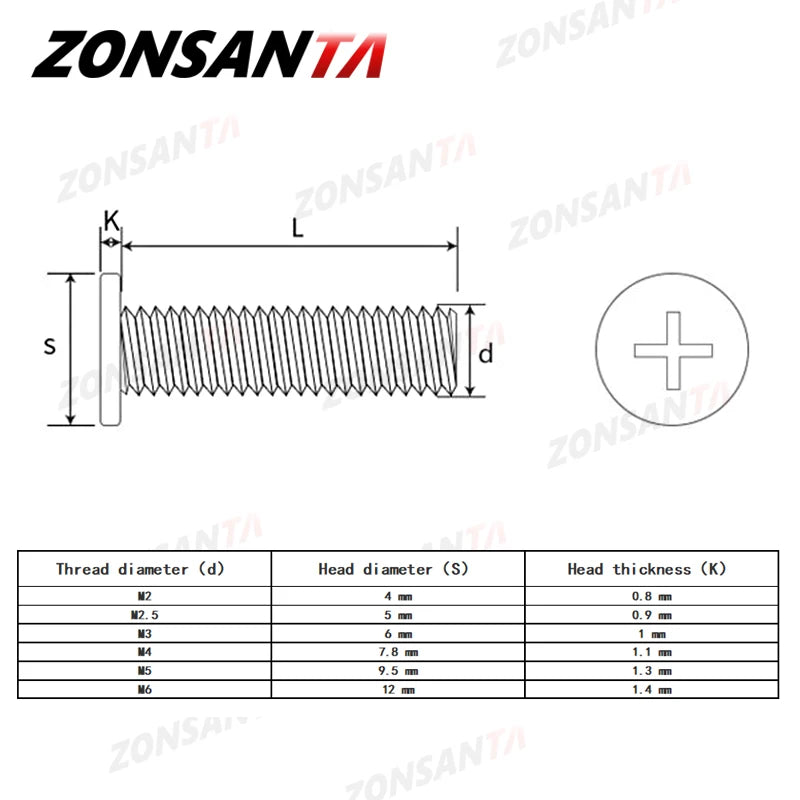 ZONSANTA M2 M2.5 M3 M4 M5 M6 304 Stainless Steel Cross Phillips Ultra Thin Super Flat Wafer Head Screw notebook  Laptop Bolt