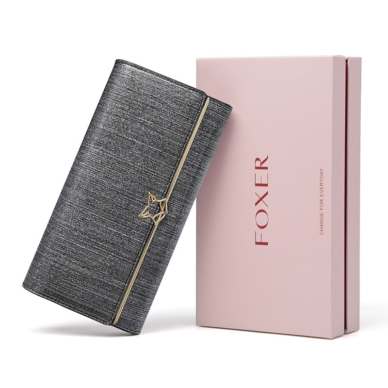 FOXER Women Split Leather Long Wallet Best Gift Female Clutch Bag Credit Card Holder Lady Luxury Coin Purse Fashion Evening Bags