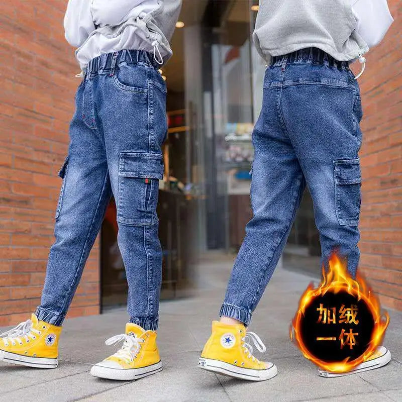 Children's winter jeans plus velvet thickening children's warm casual denim trousers Christmas gifts for boys aged 3-9-12