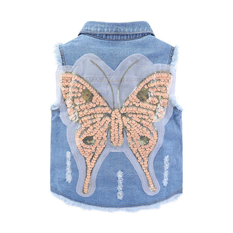 Mudkingdom Ripped Girls Denim Vest Butterfly Sequin Turn-Down Collar Autumn Sleeveless Jacket Kids Jean for Girl Sparkly Clothes