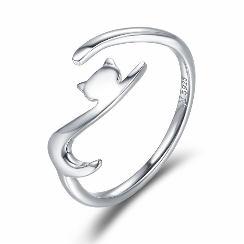 BAMOER 100% 925 Sterling Silver Sticky Cat with Long Tail Finger Ring Women Ring Adjustable Engagement Ring Jewelry SCR220