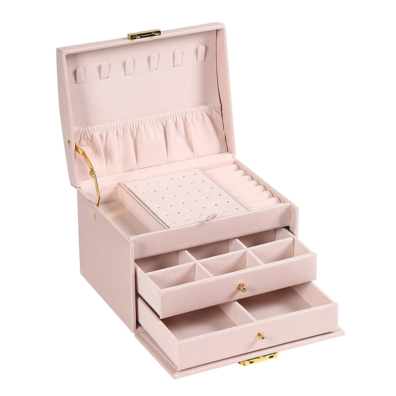 WE Bling PU Travel Portable Locked Jewelry Storage Box Three-layer Makeup Organizer Ring Earring Necklace Pouch Case Accessories