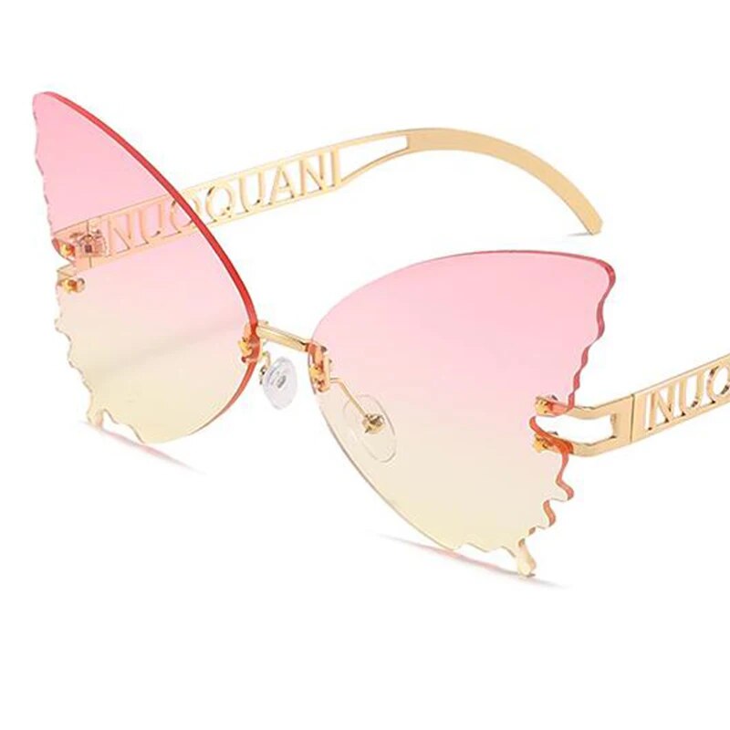 Unique Oversized Rimless Butterfly Sunglasses Orange Gradient women's glasses Big Cat Eye Fashion Shades Letter Temples UV400