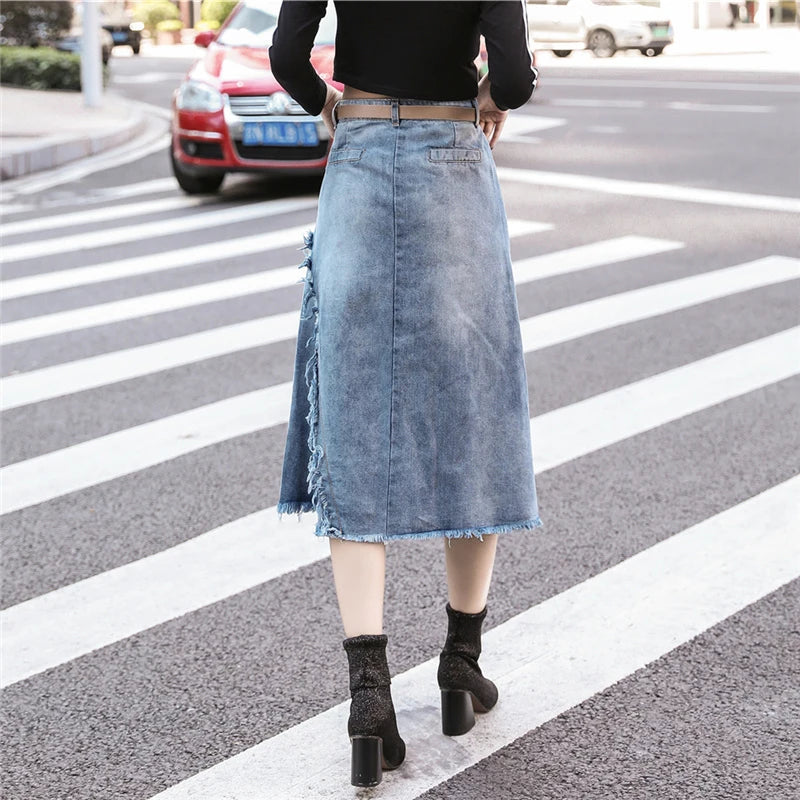 S-5XL Women Denim Skirt Spring Summer 2024 Fashion Casual Medium-long Package hip Irregular hem Slim Waist Skirts Jeans  Female