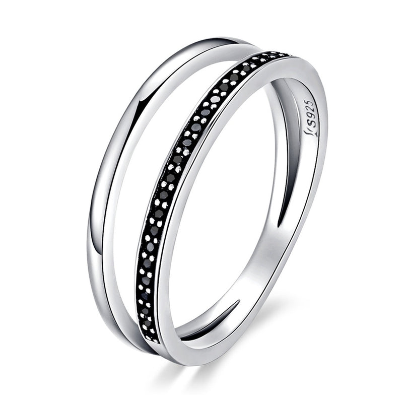 Bamoer Genuine 925 Sterling Silver Double Circle Black Clear CZ Stackable Finger Ring for Women Fine Silver Jewelry Gift SCR082