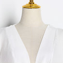 VGH Patchwork Ruffle Lace Up Bowknot Shirt For Women V Neck Puff Sleeve High Waist White Blouse Female 2022 Fashion New Stylish