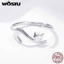 WOSTU 925 Sterling Silver Sticky Cat with Long Tail Finger Ring For Women Adjustable S925 Silver Ring Jewelry Gift CQR220
