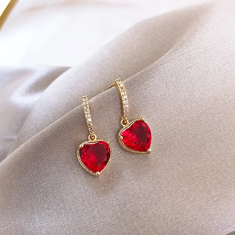 Luxury Elegant Red Heart Shape Zircon Drop Earring For Women Girls Statement Fashion Earring Jewelry Party Engagement Wedding