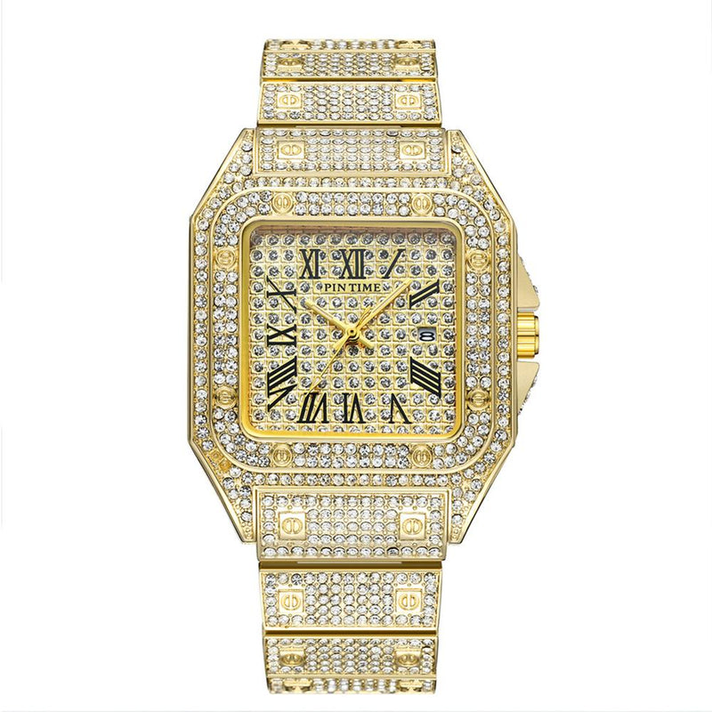 HIP HOP Gold Watch Men Watch Famous Top Brand Luxury Iced Out Male Quartz Watchs Square Diamond Calendar Wristwatch Mens Clock