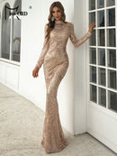 Missord Elegant Black Evening Dresses Women High Neck Long Sleeves Reflective Sequins Bodycon Maxi Party Prom Dress Formal Gown
