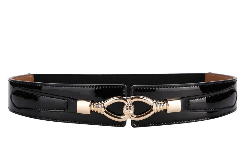 RAINIE SEAN Women Belt Patent Leather Elastic Waist Belt Genuine Leather Gold Black Silver Ladies Stretch Belt Accessories