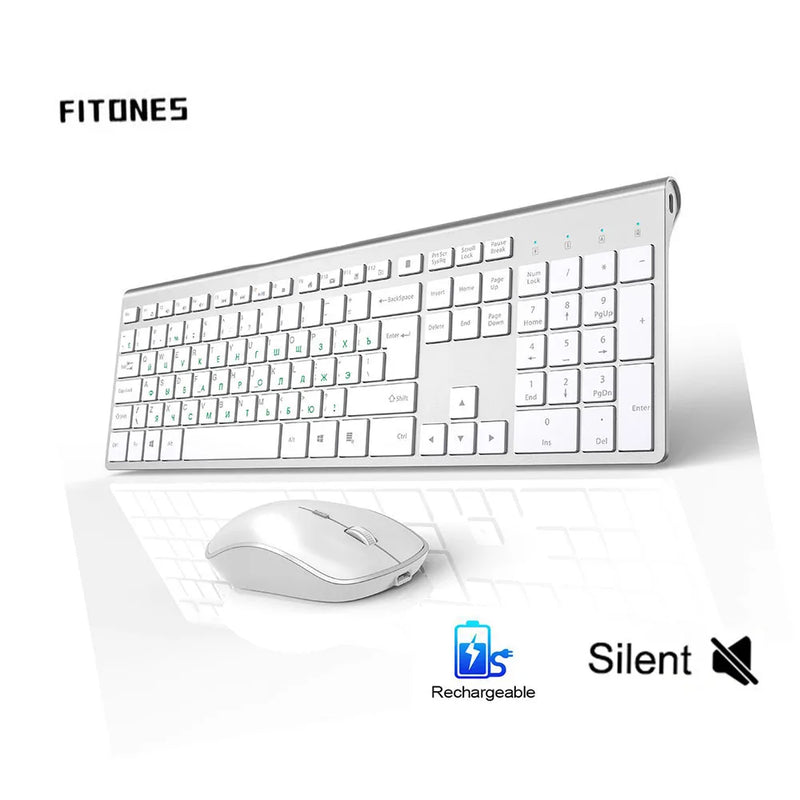 Russian wireless keyboard, ergonomic design, rechargeable mouse, 2400DPI, wireless mute design stable connection,silver white