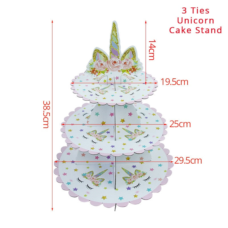 Unicorn Party 3-tier Cup Cake Stand Paper Plates Cups Balloon Birthday Party Decoration Kids Unicornio Party Girls Baby Shower