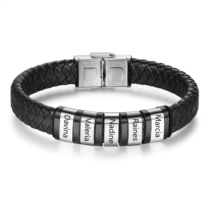 JewelOra Personalized Men Braided Leather Bracelets with Custom Beads Engraved Family Name Stainless Steel Bracelets for Men Dad