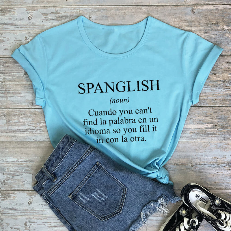 SPANGLISH Shirt Mexican Shirts Summer Women's Latina T Shirt 100%Cotton Funny Casual O-Neck Short Sleeve Top Spanish teacher Tee