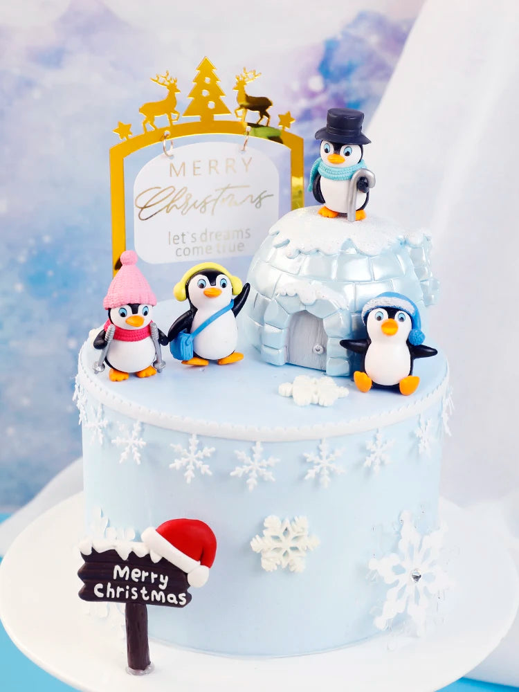 Merry Christmas Hat Scarf Winter Penguin Cake Topper for Baby Shower Snowflake Xmas Party Baking Decoration Dessert Supplies