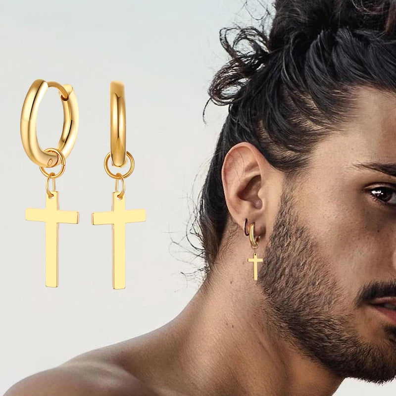 Dainty Minimalist Gold Color Dangling Cross Shaped Charm Huggie Pierced Hoop Earrings For Guy Men Women Jewelry