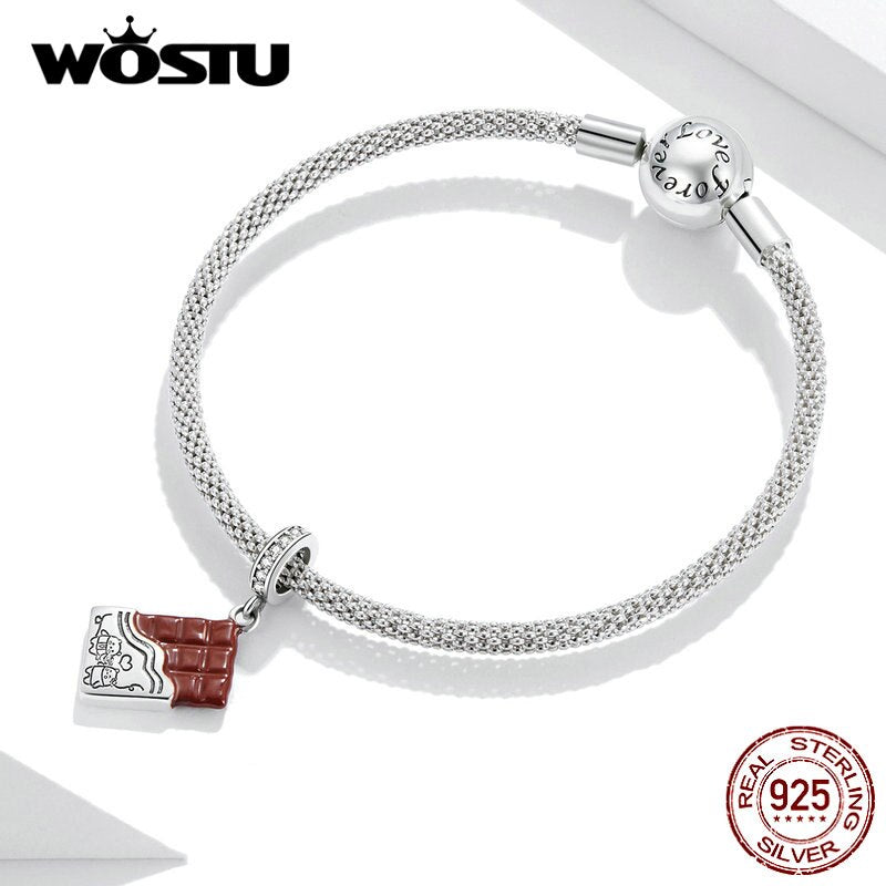 WOSTU Original 925 Sterling Silver Chocolate Love Charm Dazzling CZ Bead Pendant Fit Silver Bracelet Necklace Jewelry CQC1782