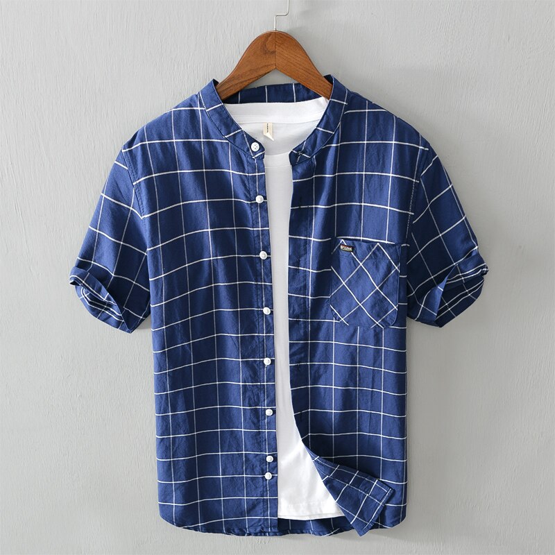 Designer new pure cotton plaid shirt men short-sleeved brand plaid shirts for men casual stand collar top mens chemise camisas