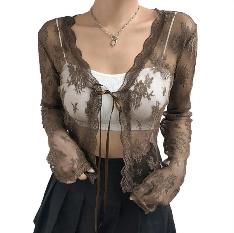 Women Sexy See Through Y2K Mesh Cardigan Shirt Ladies Girls Long Sleeve Button Down Lace E-Girl Shirt Crop Top