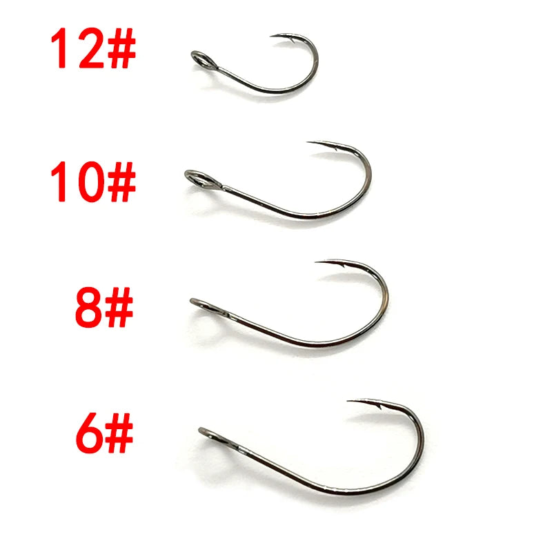 OUTKIT 10pcs Size 6#-12# for Fishing Lure Jig Spoon Hook Single Fish Bait Hook Inline Hook Big Eye Sharp High Carbon Steel