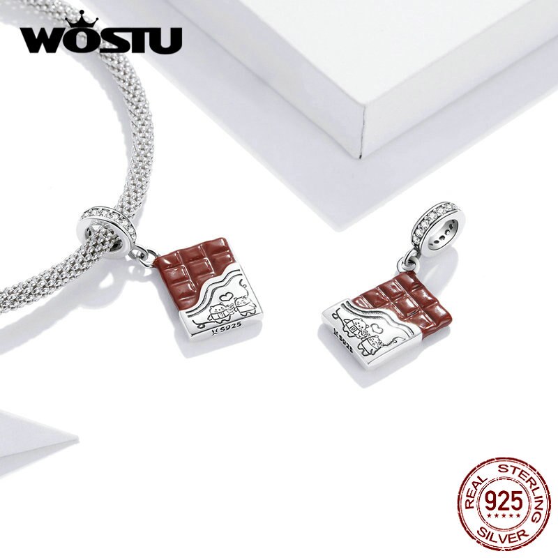 WOSTU Original 925 Sterling Silver Chocolate Love Charm Dazzling CZ Bead Pendant Fit Silver Bracelet Necklace Jewelry CQC1782