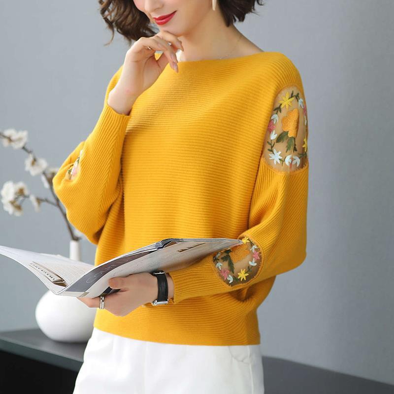 Flower Embroidery Batwing Sleeve O-Neck Spring Sweaters Women Casual Loose Knitted Pullovers  Large Size Knitwear Tops Female