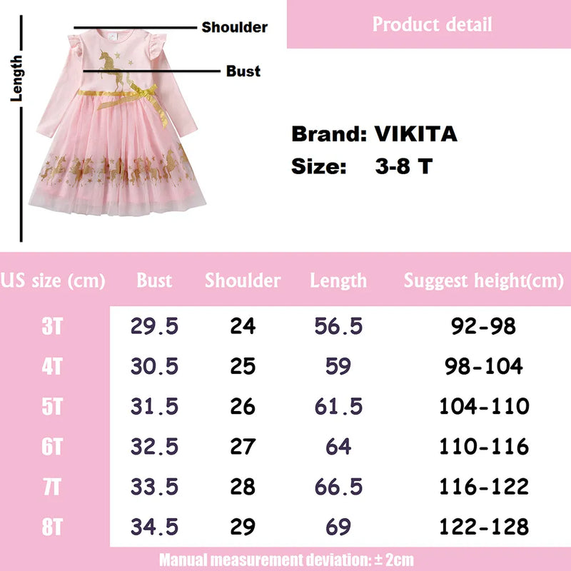 VIKITA Girl Unicorn Dresses Autumn Long Sleeve Sequins Vestidos Christmas Birthday Party Mesh Princess Dress Children Clothing